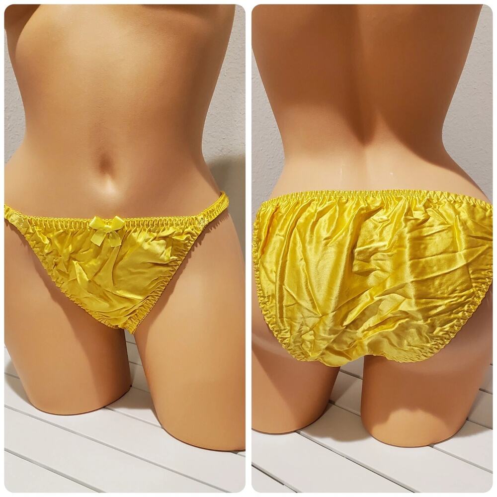Liquid Satin String Bikini Panty Shiny Double Silk Gusset Sunflower Yellow
